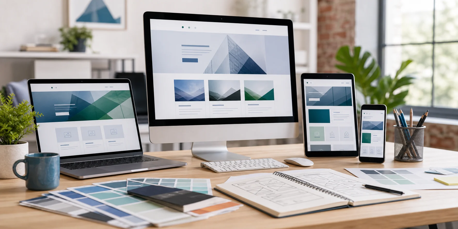 Responsive website design mockups on desktop, tablet, and phone