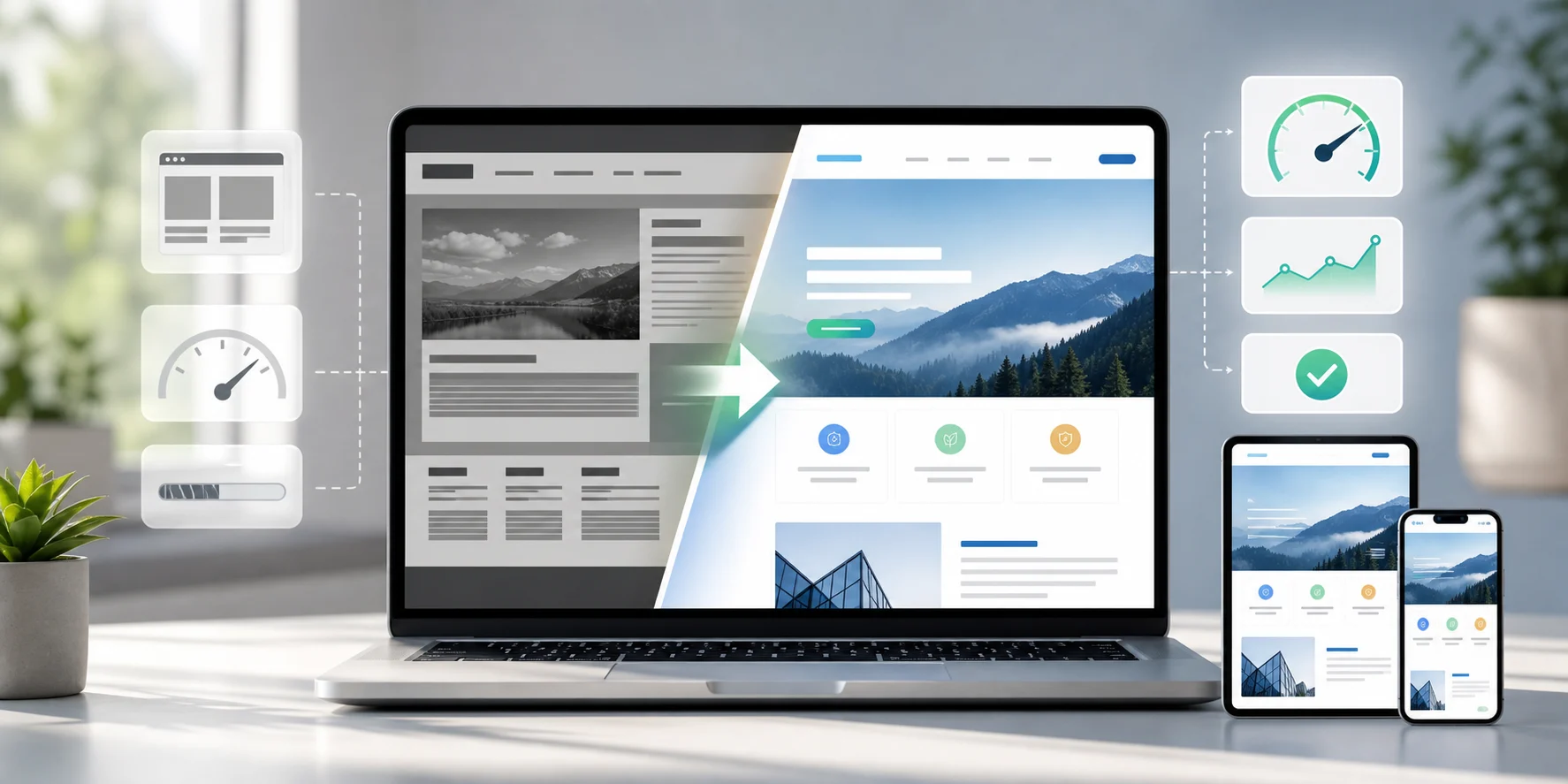 Before and after website refresh shown across devices